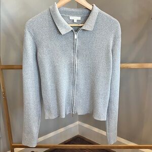 All Row Light Gray Ribbed Zip-Front Collared Women's Sweater